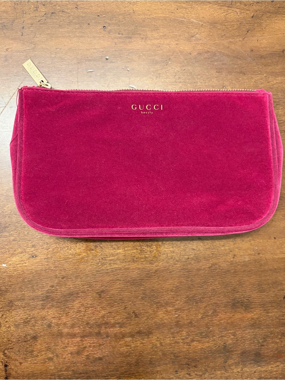 Gucci Raspberry Velvet Makeup Bag with Gold Emblem & Hardware, 10 x 5.5 x 3 inch
